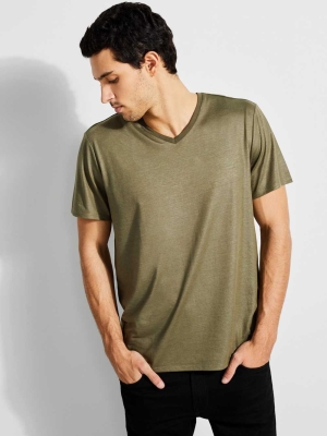 Olive Men's GUESS Mason Yoke V-Neck T-Shirts | USA39BUFMT