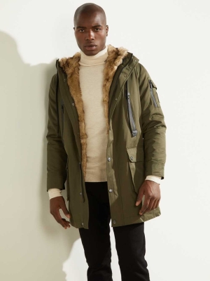 Olive Men's GUESS Military Faux-Fur Lined Parka Jackets | USA84PDGWZ