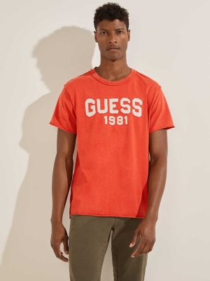 Orange Men's GUESS Eco Raw Patchwork Logo T-Shirts | USA84PSGMU