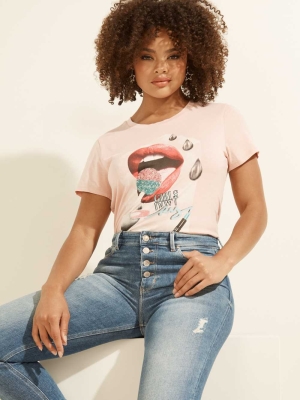 Pink Women's GUESS Lip Glitter Pop Easy T-Shirts | USA45ZDWYA