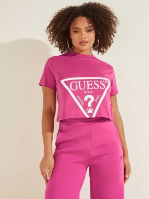 Purple Women's GUESS Cropped Logo T-Shirts | USA34SDYLJ