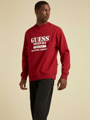 Red Men's GUESS Originals Logo Crewneck Sweatshirt | USA63AESQL