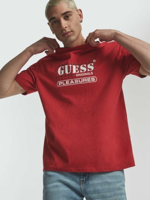 Red Men's GUESS Originals x PLEASURES Logo T-Shirts | USA28RKZUF