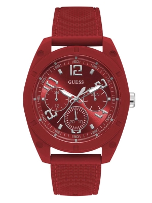 Red Men's GUESS Red and Silver-Tone Multifunction Watches | USA02BWNFK