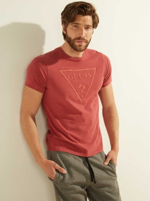 Red Multicolor Men's GUESS Embroidered Logo T-Shirts | USA72CJQLY