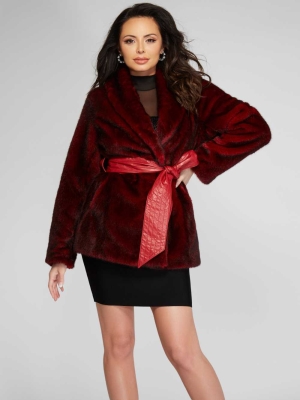 Red Multicolor Women's GUESS Olaia Faux-Fur Coats | USA90EBMRN