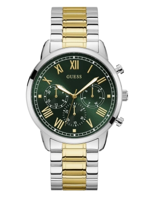 Silver Men's GUESS Green Two-Tone Multifunction Watches | USA78OITXA