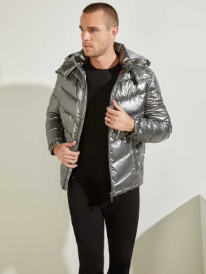 Silver Men's GUESS Metal Space Puffer Jackets | USA58ODSWH