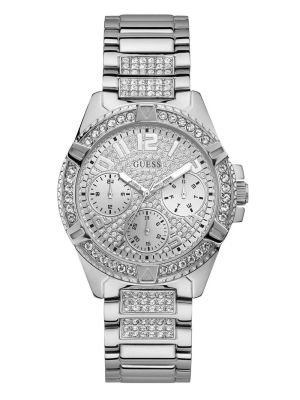 Silver Men's GUESS Rhinestone Silver-Tone Multifunction Watches | USA29KWYPB