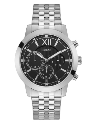 Silver Men's GUESS Silver-Tone And Black Chrono-Look Multifunction Watches | USA01JLKZG