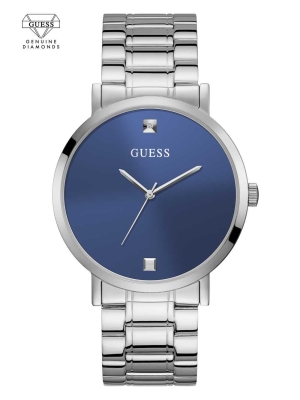 Silver Men's GUESS Silver-Tone And Blue Diamond Analog Watches | USA19AUCMH