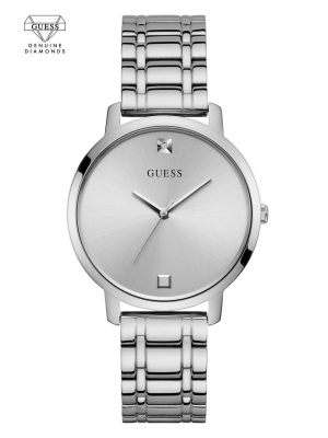 Silver Men's GUESS Silver-Tone Diamond Analog Watches | USA94YJMAL