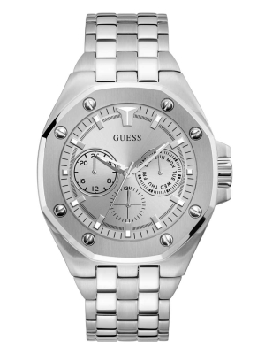 Silver Men's GUESS Silver-Tone Multifunction Watches | USA70IQURV