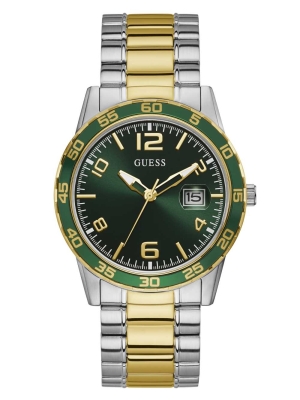 Silver Men's GUESS Two-Tone Metal And Green Dial Analog Watches | USA39JIKMO