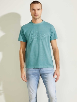 Turquoise Men's GUESS Classical Embroidered Logo T-Shirts | USA82WUBVY