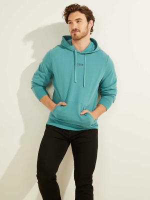 Turquoise Men's GUESS Eco Roy Embroidered Logo Hoodies | USA13WMHFO