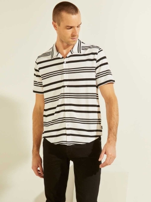 White Black Men's GUESS Leo Striped Shirts | USA01MIQJW