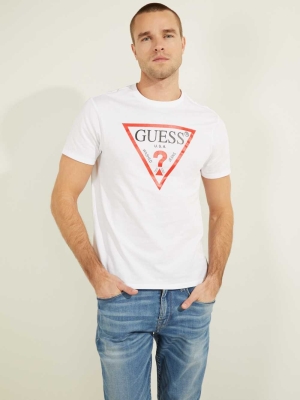 White Men's GUESS Classic Logo T-Shirts | USA59JAQWL