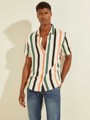 White Men's GUESS Eco Art Stripe Shirts | USA16GDHTA