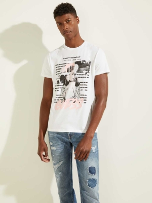 White Men's GUESS Eco Night Graffiti T-Shirts | USA46MNIBP