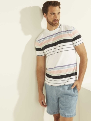 White Men's GUESS Eli Acid Wash Stripe T-Shirts | USA13TRWVA