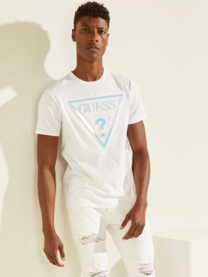 White Men's GUESS Hologram Logo T-Shirts | USA65FXNHJ