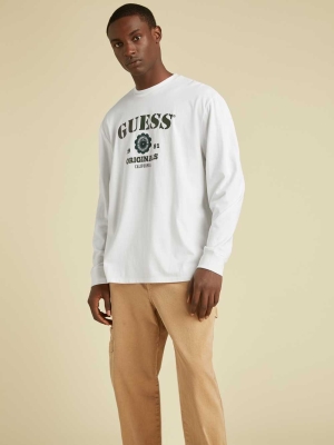 White Men's GUESS Originals Logo Long Sleeve T-Shirts | USA74HMZWN