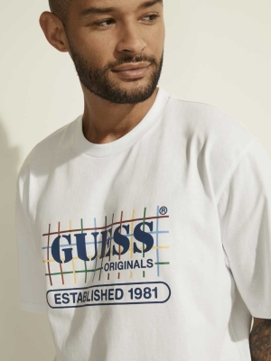 White Men's GUESS Originals Rainbow Grid T-Shirts | USA85ONGDL