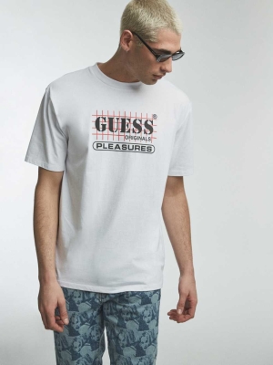 White Men's GUESS Originals x PLEASURES Logo T-Shirts | USA19JOEIP