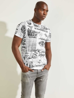 White Multicolor Men's GUESS Eco Resort Collage T-Shirts | USA05XVKBI