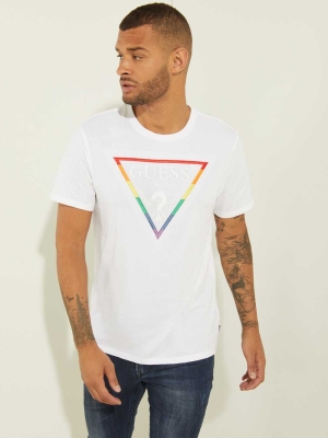 White Multicolor Men's GUESS Embroidered Rainbow Logo T-Shirts | USA45VJDWT