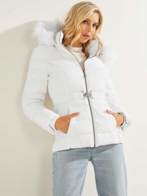 White Women's GUESS Eco Claudiaed Down Puffer Jackets | USA39BZJYX