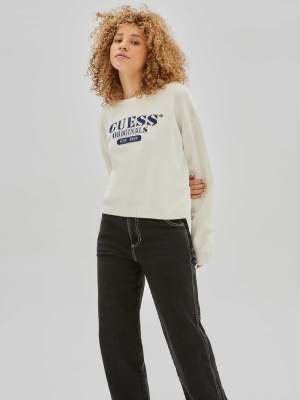 White Women's GUESS Originals Logo Sweaters | USA79YQPBX