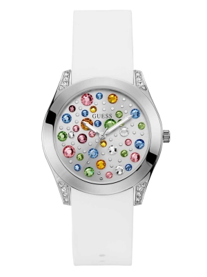 White Women's GUESS Silver-Tone and White Analog Watches | USA47OYBIS