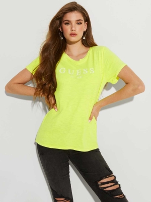 Yellow Multicolor Women's GUESS Eco 1981 Rolled Cuff Logo T-Shirts | USA38LFTIE