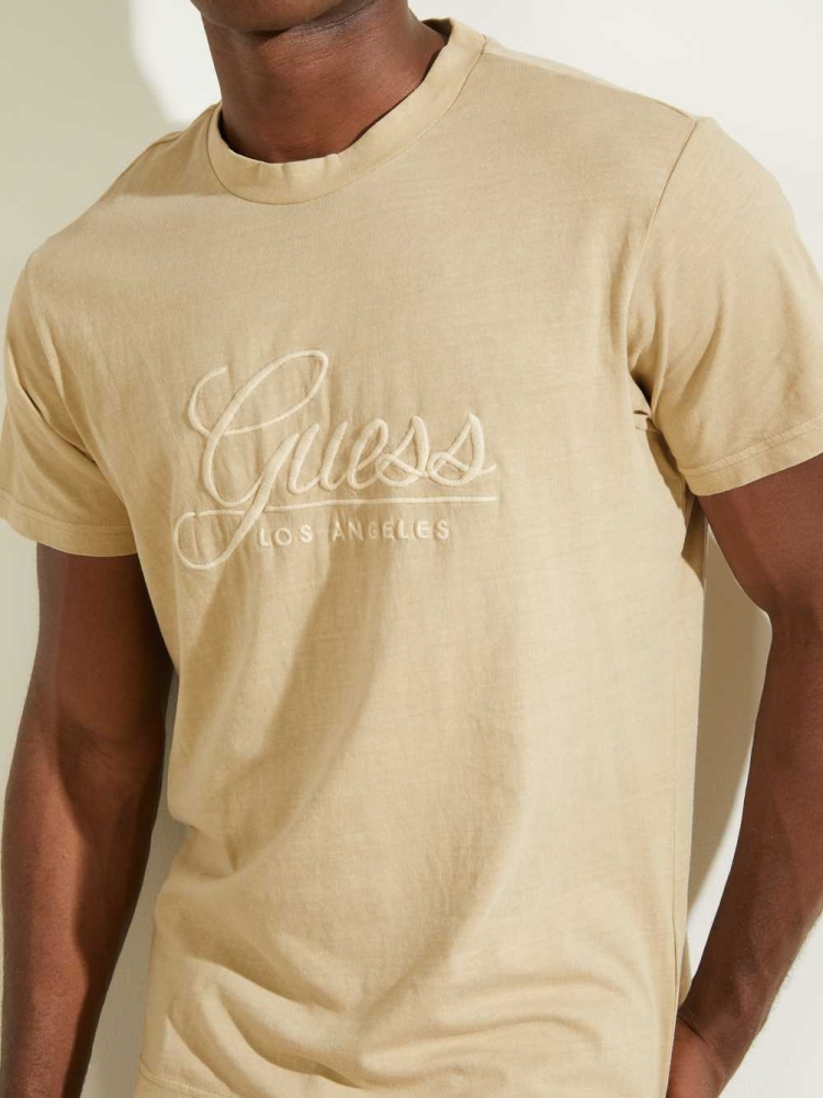 Beige Men's GUESS Classical Embroidered Logo T-Shirts | USA09JMSCB