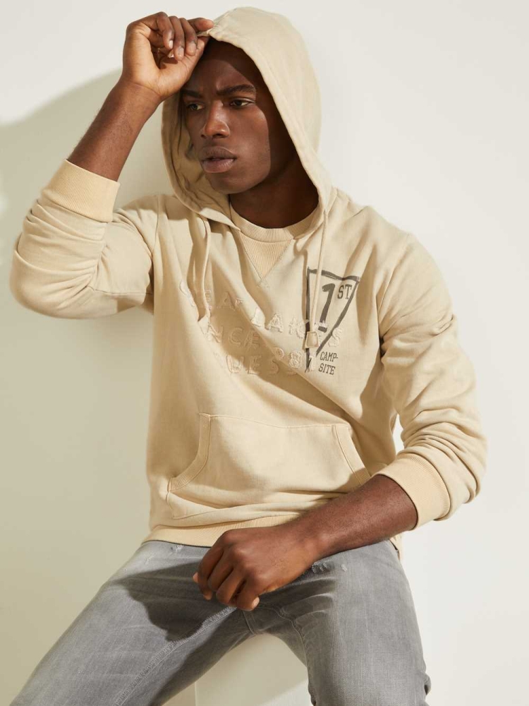 Beige Men's GUESS Eco Murray Logo Hoodies | USA52ACJKH