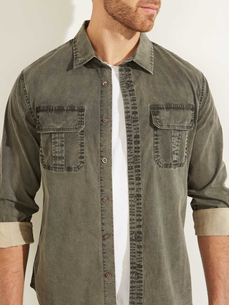 Beige Multicolor Men's GUESS Dusty Twill Washed Milton Shirts | USA75CLIVD