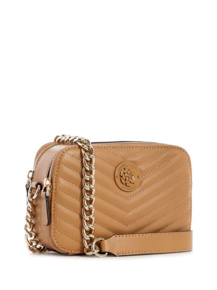 Beige Women's GUESS Noelle Quilted Camera Crossbodies | USA07DMHRZ