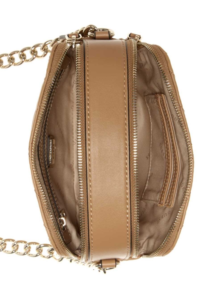 Beige Women's GUESS Noelle Quilted Camera Crossbodies | USA07DMHRZ