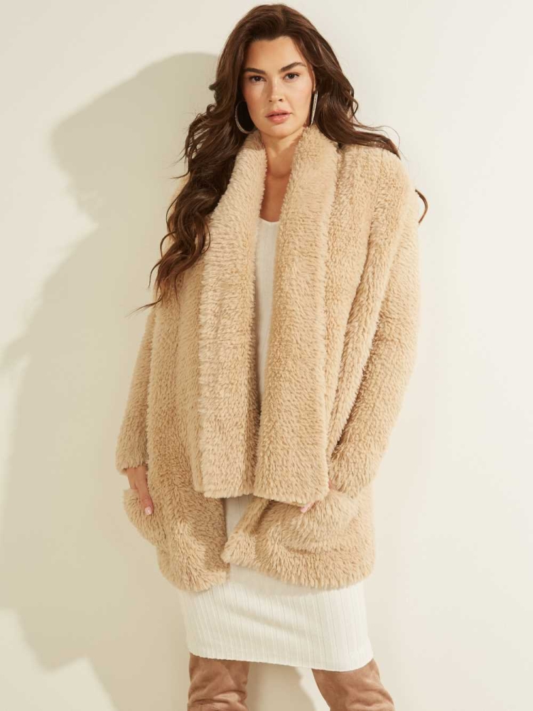 Beige Women\'s GUESS Rebecca Faux-Fur Jackets | USA32CBHSK