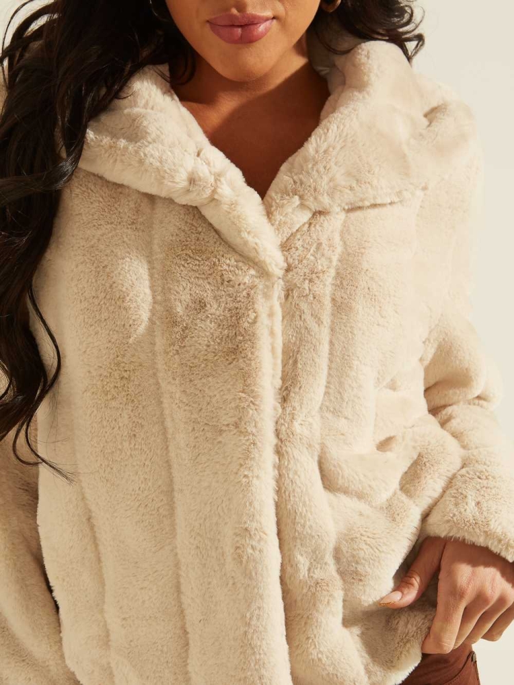 Beige Women's GUESS Sophy Faux-Fur Jackets | USA38LDVKN