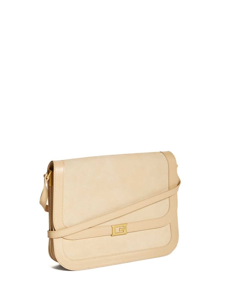 Beige Women's GUESS Thea Medium Flap Leather Crossbodies | USA50MJUPD