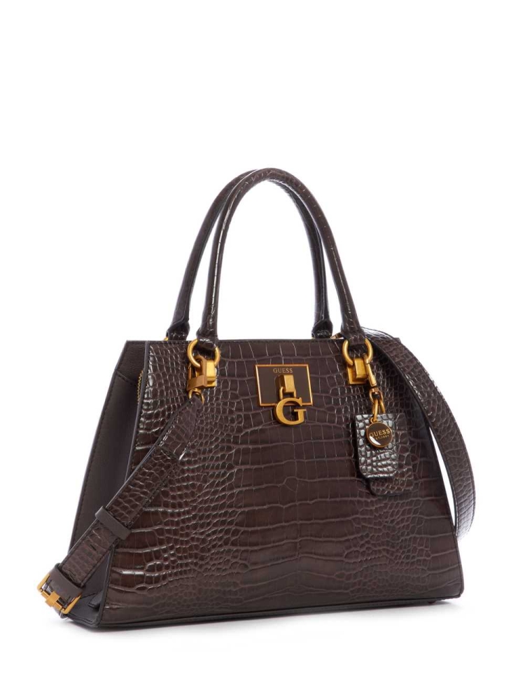 Black Brown Women's GUESS Stephi Croc Girlfriend Satchels | USA42JHOLF