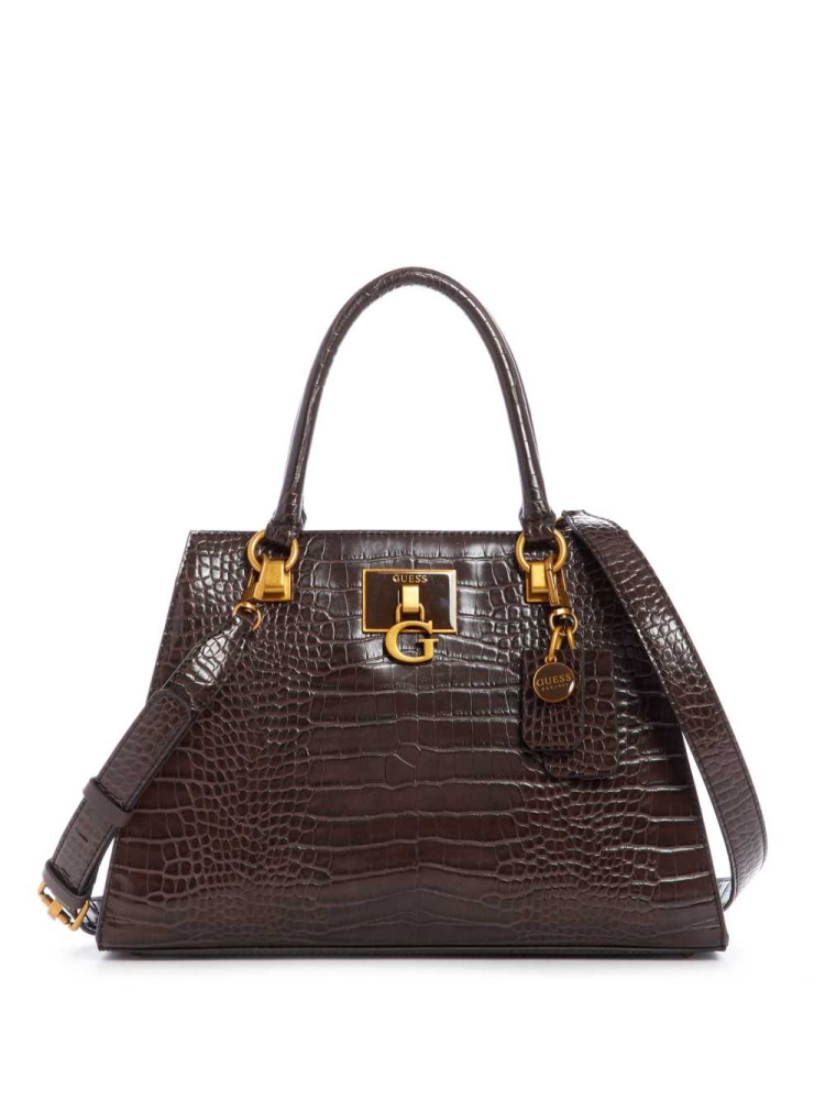 Black Brown Women\'s GUESS Stephi Croc Girlfriend Satchels | USA42JHOLF