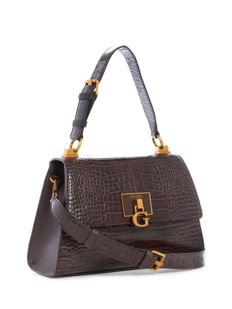 Black Brown Women's GUESS Stephi Top-Handle Flap Crossbodies | USA37GITJB