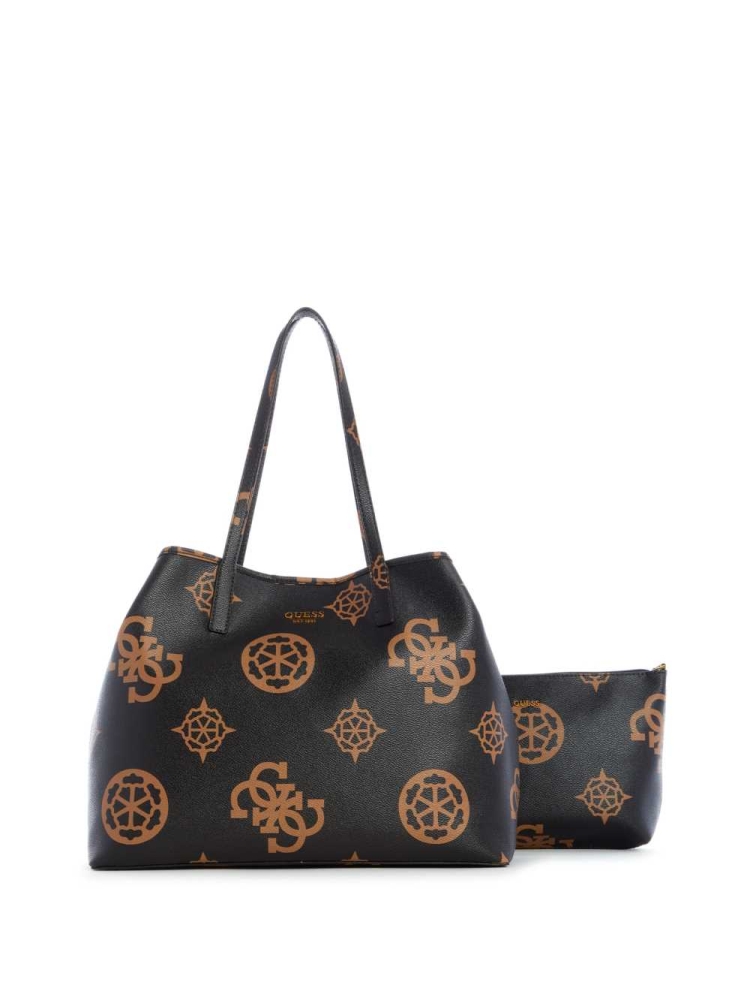 Black Flower Women's GUESS Vikky Logo Large Totes | USA59VOQEC