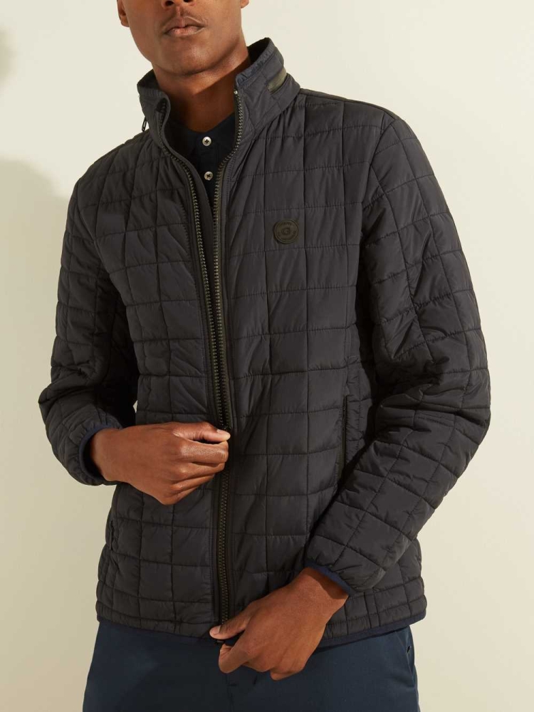 Black Men's GUESS Active Nylon Puffer Jackets | USA06BKQXN