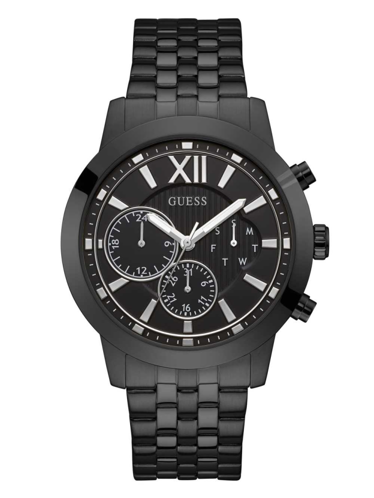 Black Men\'s GUESS Black Multifunction Watches | USA23YGAMN