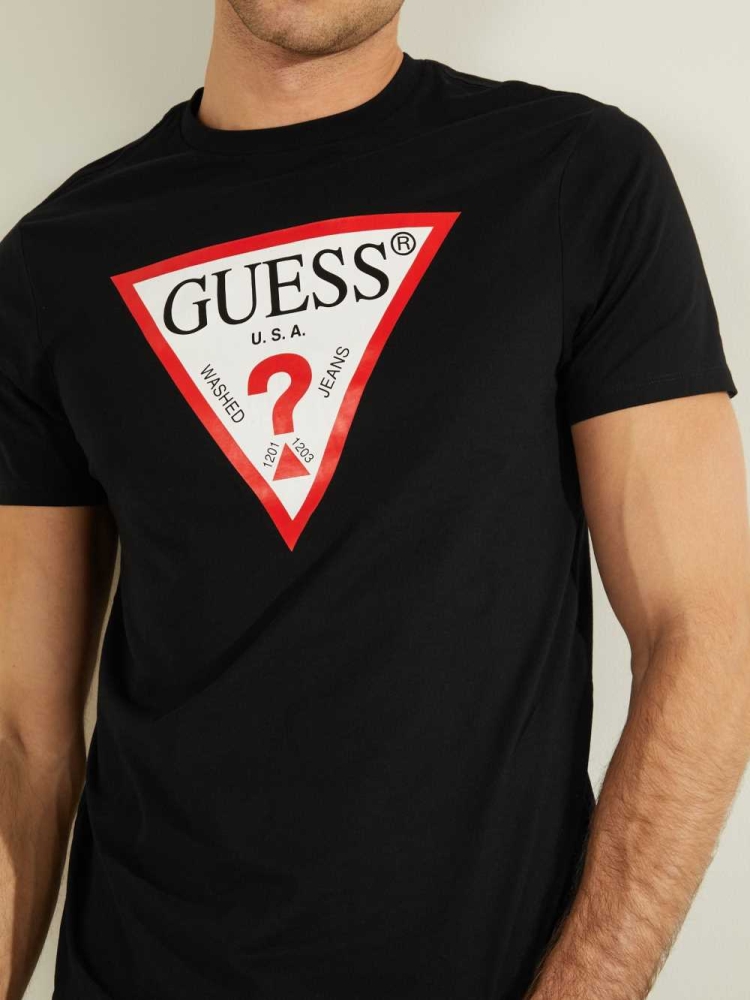 Black Men's GUESS Classic Logo T-Shirts | USA92QNSYG